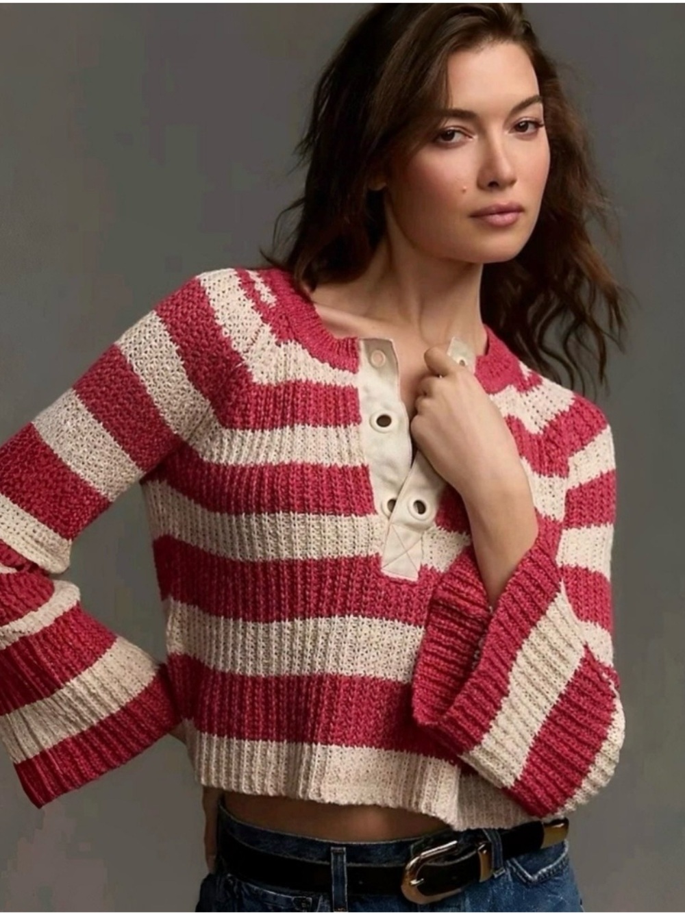 ANTHROPOLOGIE Pilcro Bell-Sleeve Henley Sweater Red & Cream Stripes V-Neck Sz S